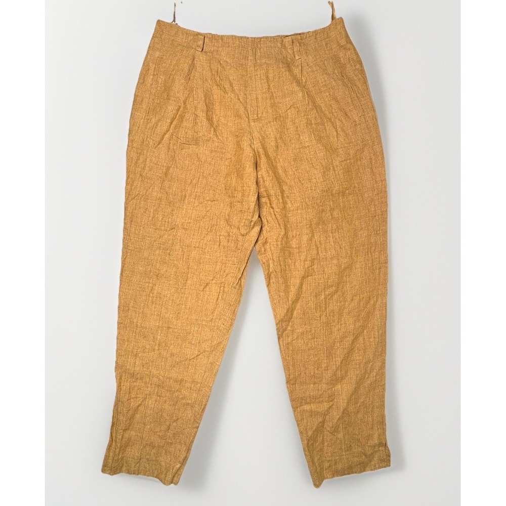 Ellen Tracy 100% Linen Wide Leg Pants Womens 14 Gold Pleated Slit Cuff‎ Boho EUC
